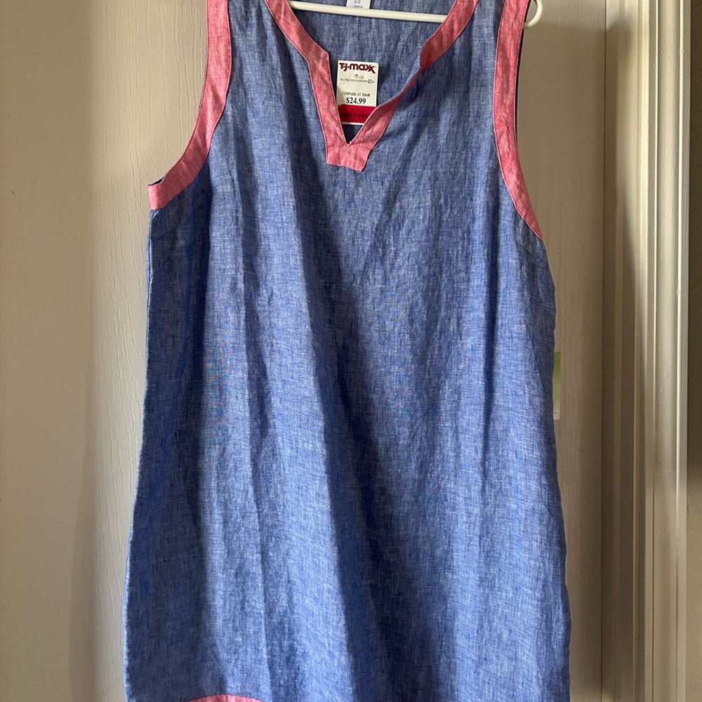 Sigrid Olsen Blue Linen Shift Dress with Pink Trim